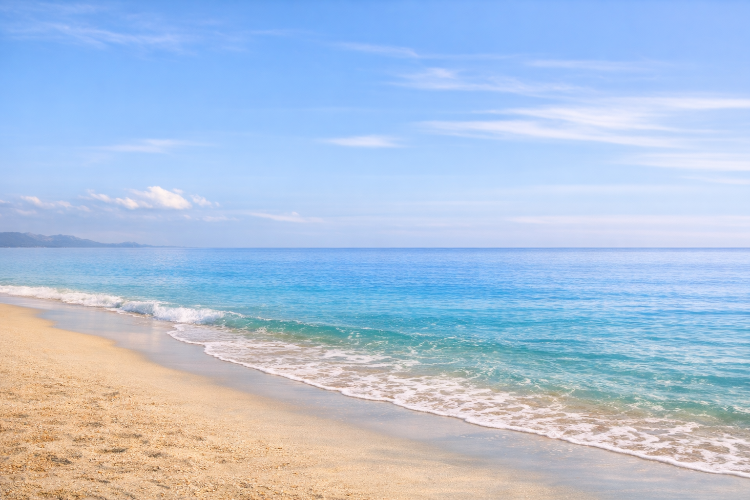 Wide horizon beach scene with expansive sky and calm teal water.