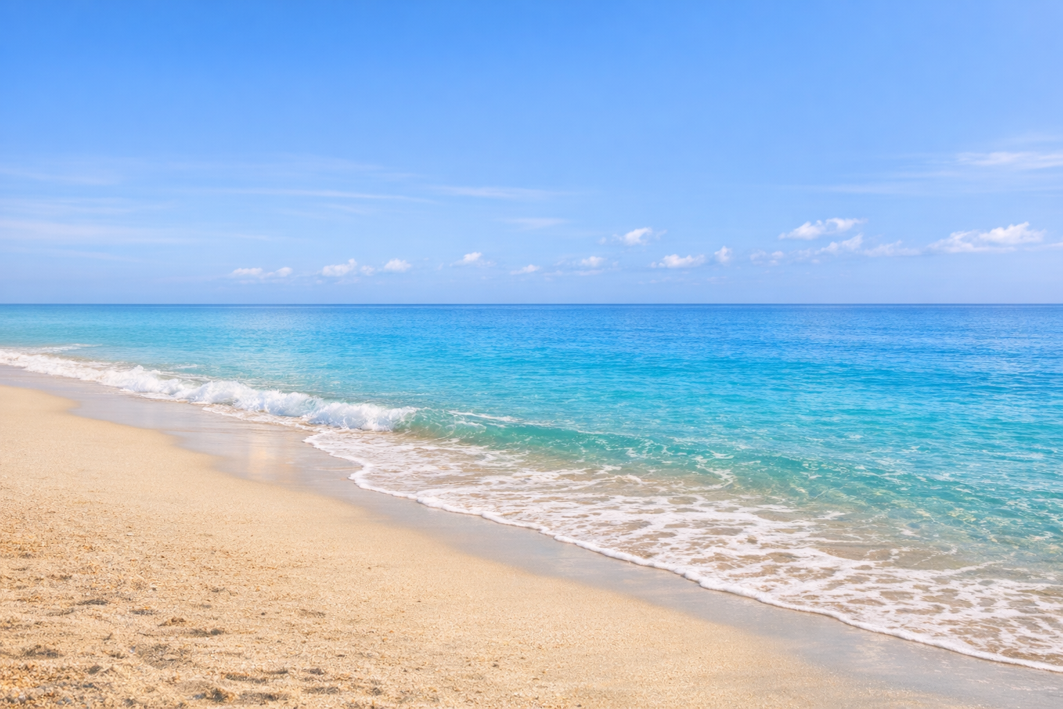 Bright midday shoreline with clear turquoise water and clean horizon.